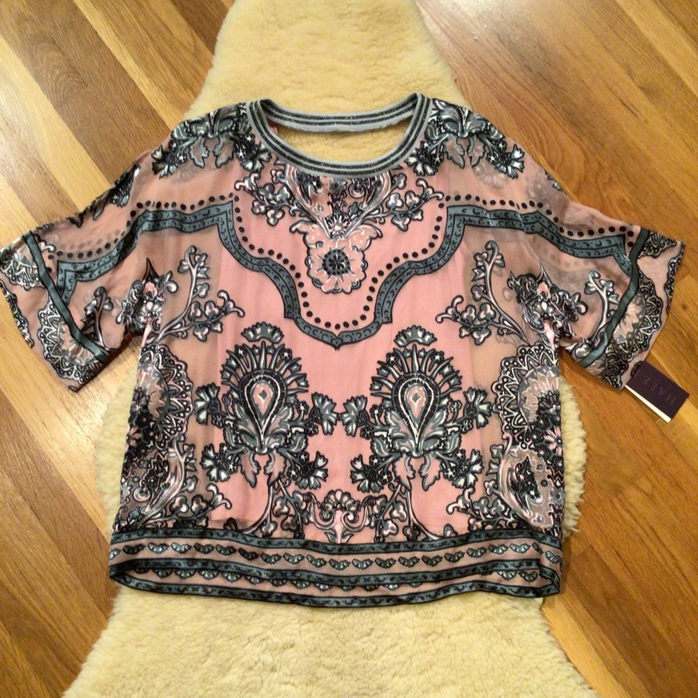 Hale Bob silk blend ribbed neckline top